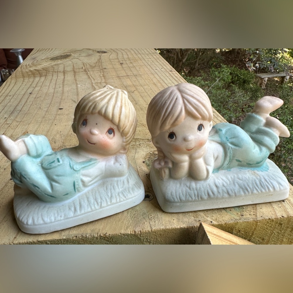 Set of 2 Vintage Bisque Porcelain Figurines Boy & Girl Laying In Grass